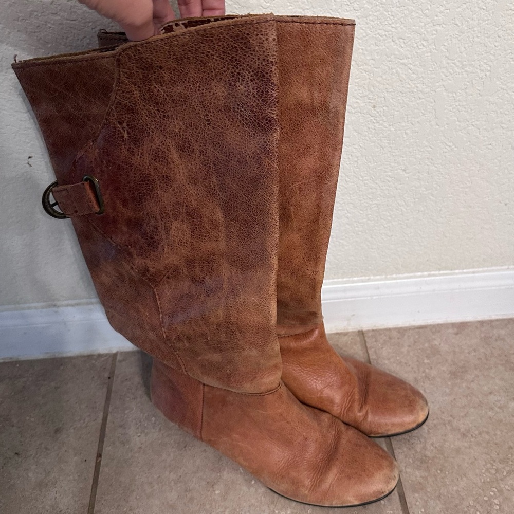 Brown camel Leather upper fabric bellow Knee high Boots 8.5 M